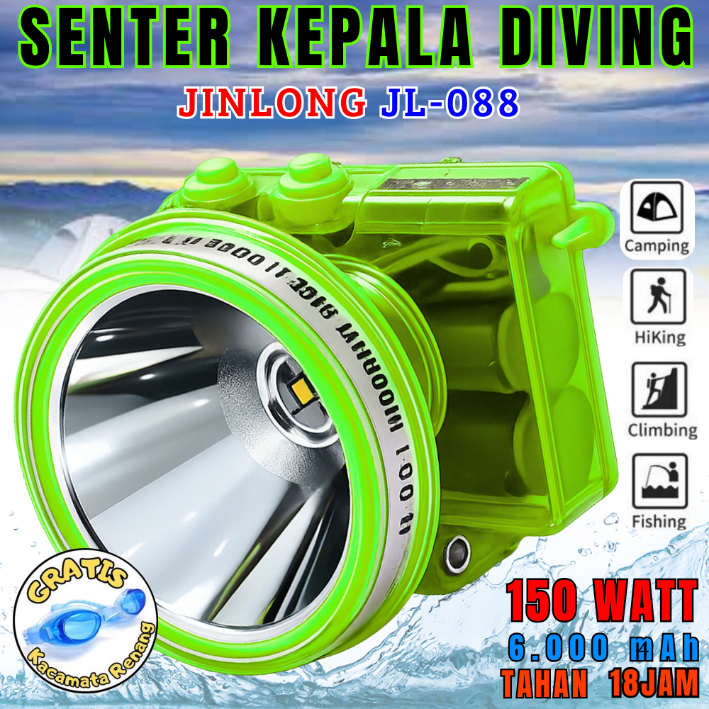 Headlamp/Senter Kepala Selam Super Terang Jinlong Jl-088 Daya 150 Watt | Senter Kepala Dengan Batera