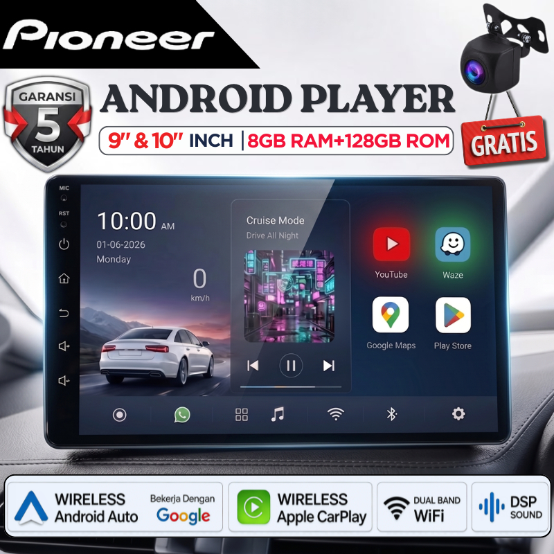 Pioneer Head Unit Android Mobil 8GB+128GB 9/10 Inch Tape Mobil Built-in Fan MP5 Player Terbaru andro