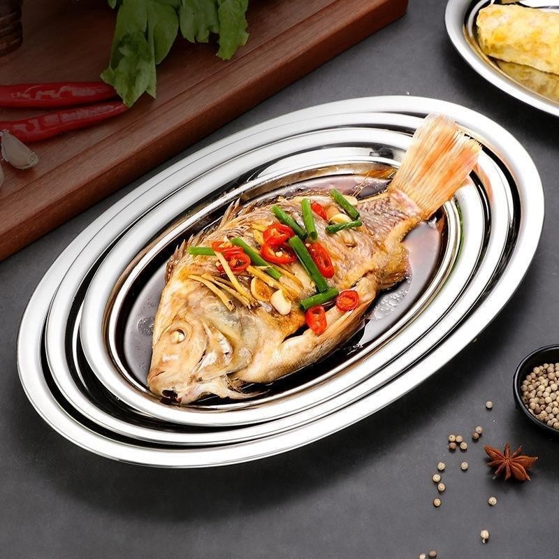 Piring Oval Stainless Steel Tebal Nampan Saji Oval Vintage Piring Kukus Tim Ikan Plate Tray Sate