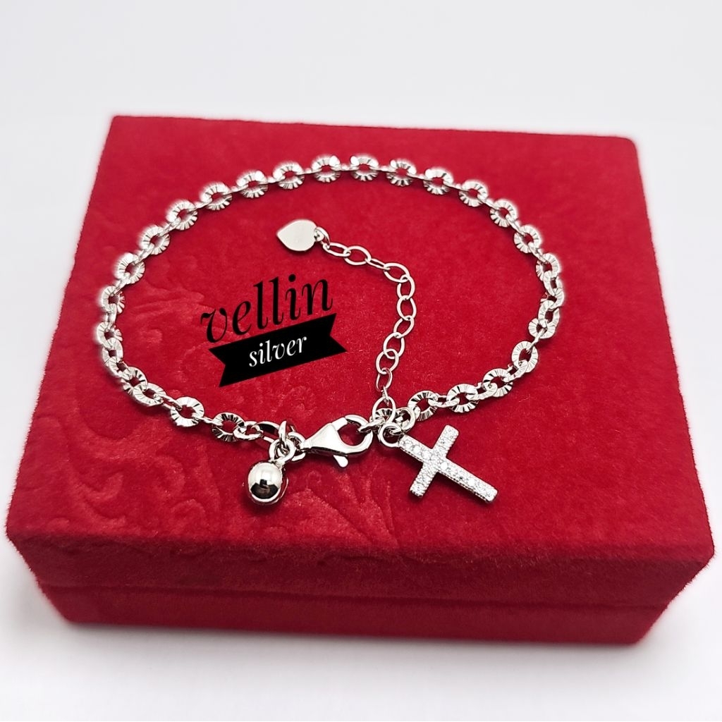 GELANG PERAK ASLI 925 / GELANG TANGAN SALIB SILVER 925 LAPIS EMAS PUTIH / GELANG SALIB WANITA PERAK 