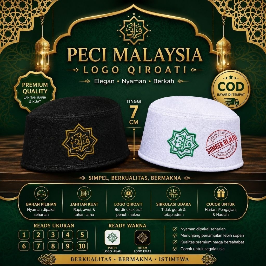 Peci Malaysia putih Anak TPQ Logo QIROATI songkok qiroati Peci qiraati songkok qiroati 5 jilid qiroa