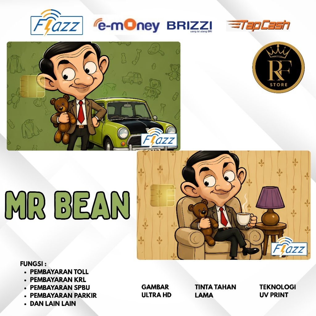 Kartu E Toll Custom Mr bean Flazz Emoney Brizzi Tapcash Cetak UV Anti Luntur Bisa Bayar Tol KRL MRT 