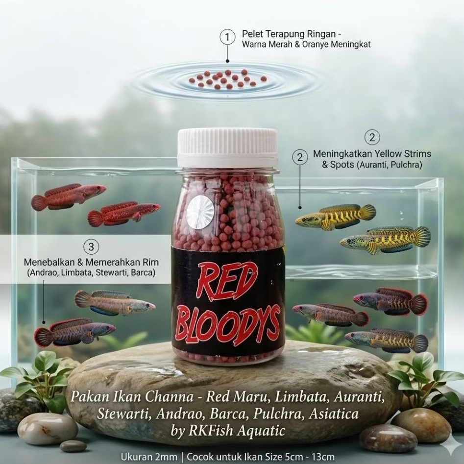 Pelet Red Bloodys Pakan Ikan Channa Red Maru, Limbata, Auranti, Stewarti, Andrao, Barca, Pulchra, As
