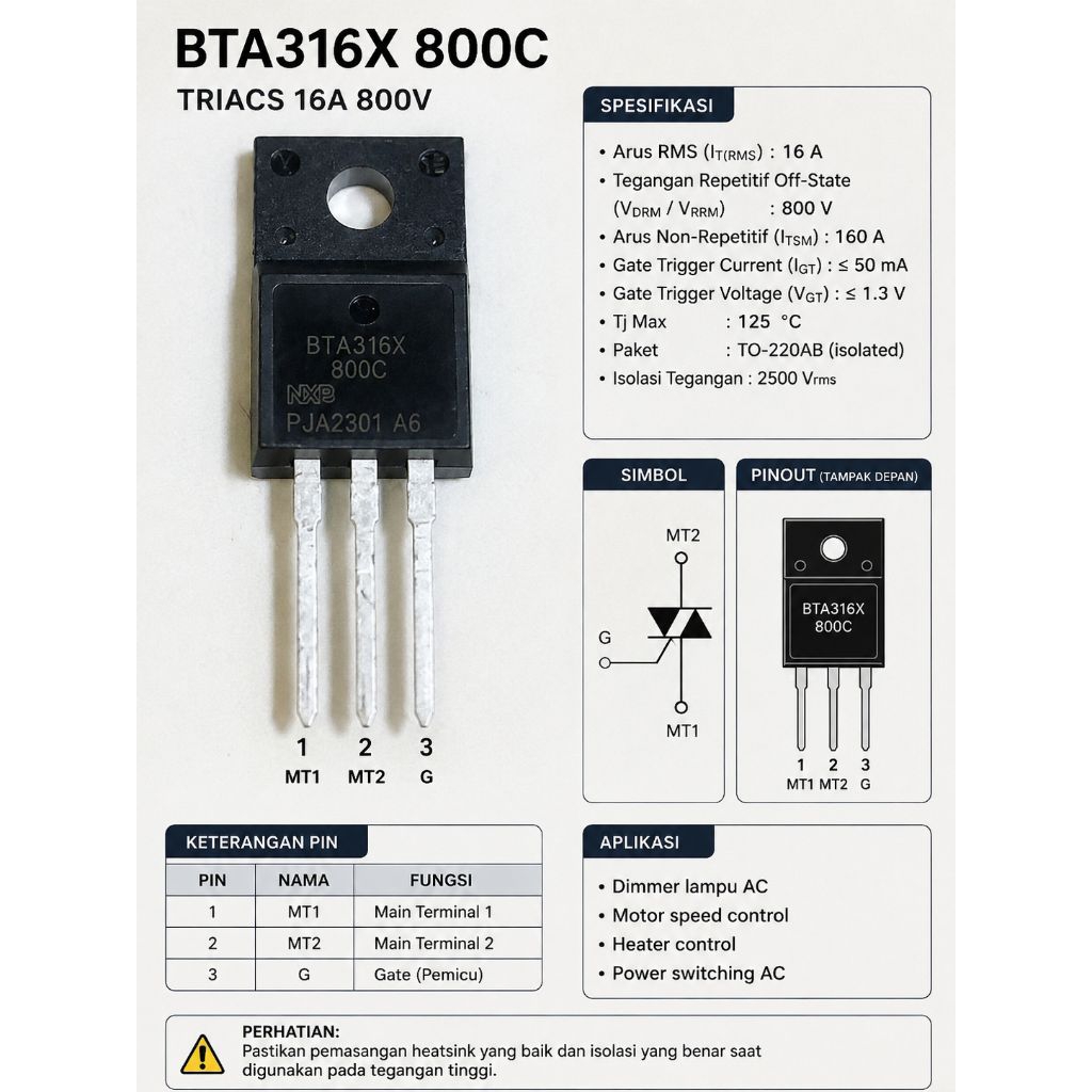 BTA316x-800c, 16A / 800V Triac dip TO220F
