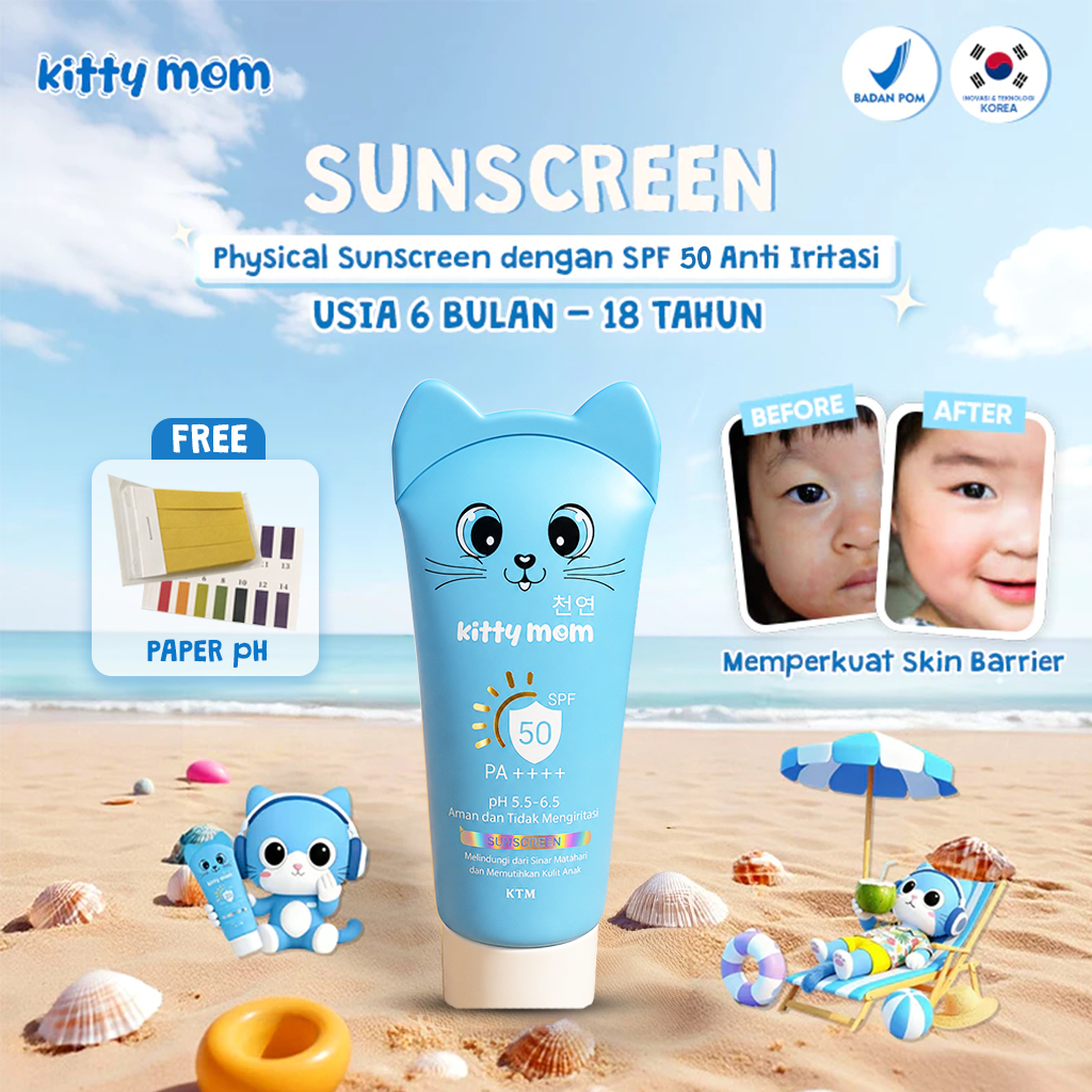 Kitty Mom Physical Sunscreen Anak & Bayi | Physical Sunscreen Anak SPF 50 | Daily Kids Skin Protecti