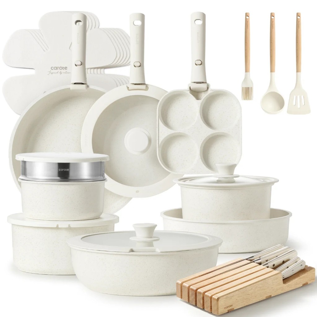 CAROTE Snow Detachable Cookware Set 33PCS Non Stick Premium Kitchen Set