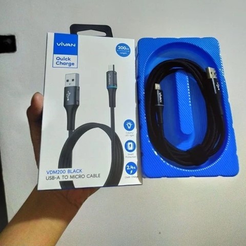 Kabel Data Micro USB VIVAN VDM200 Black 2.4A Fast Charging LED Android Original