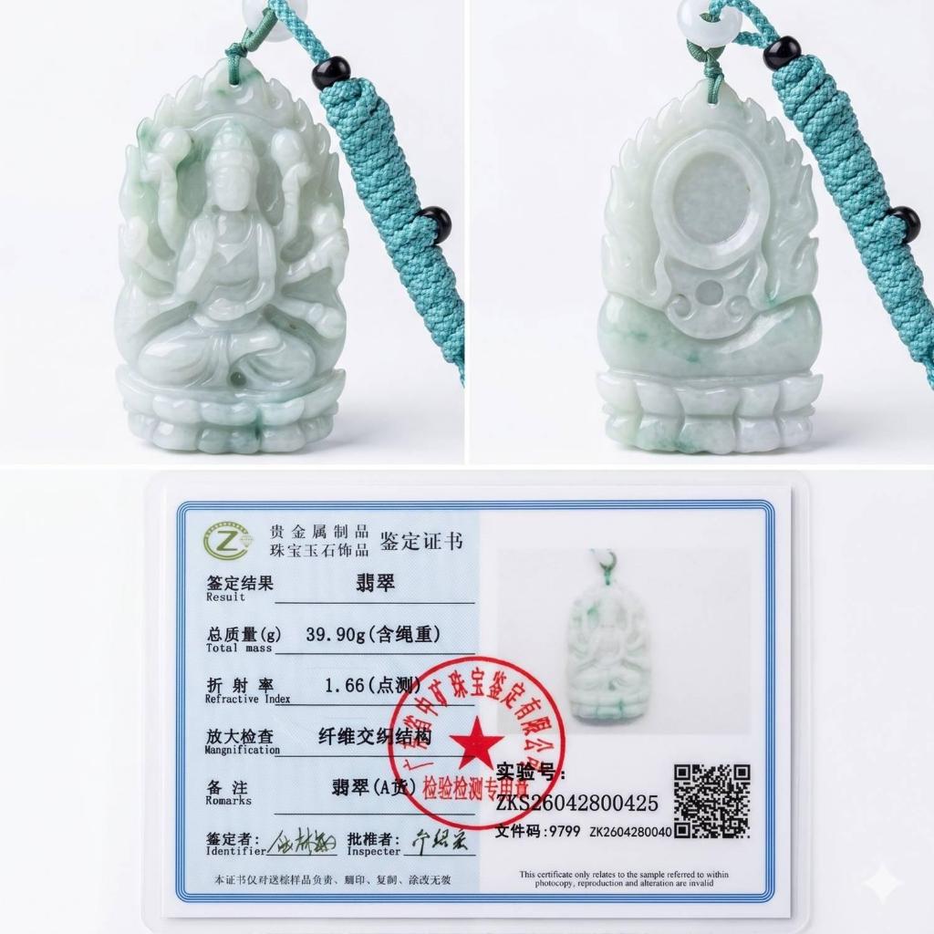 Kalung Liontin Giok Asli Grade A Bersertifikat -Premium Mini Statue of Kwan Im, Bringer of Peace