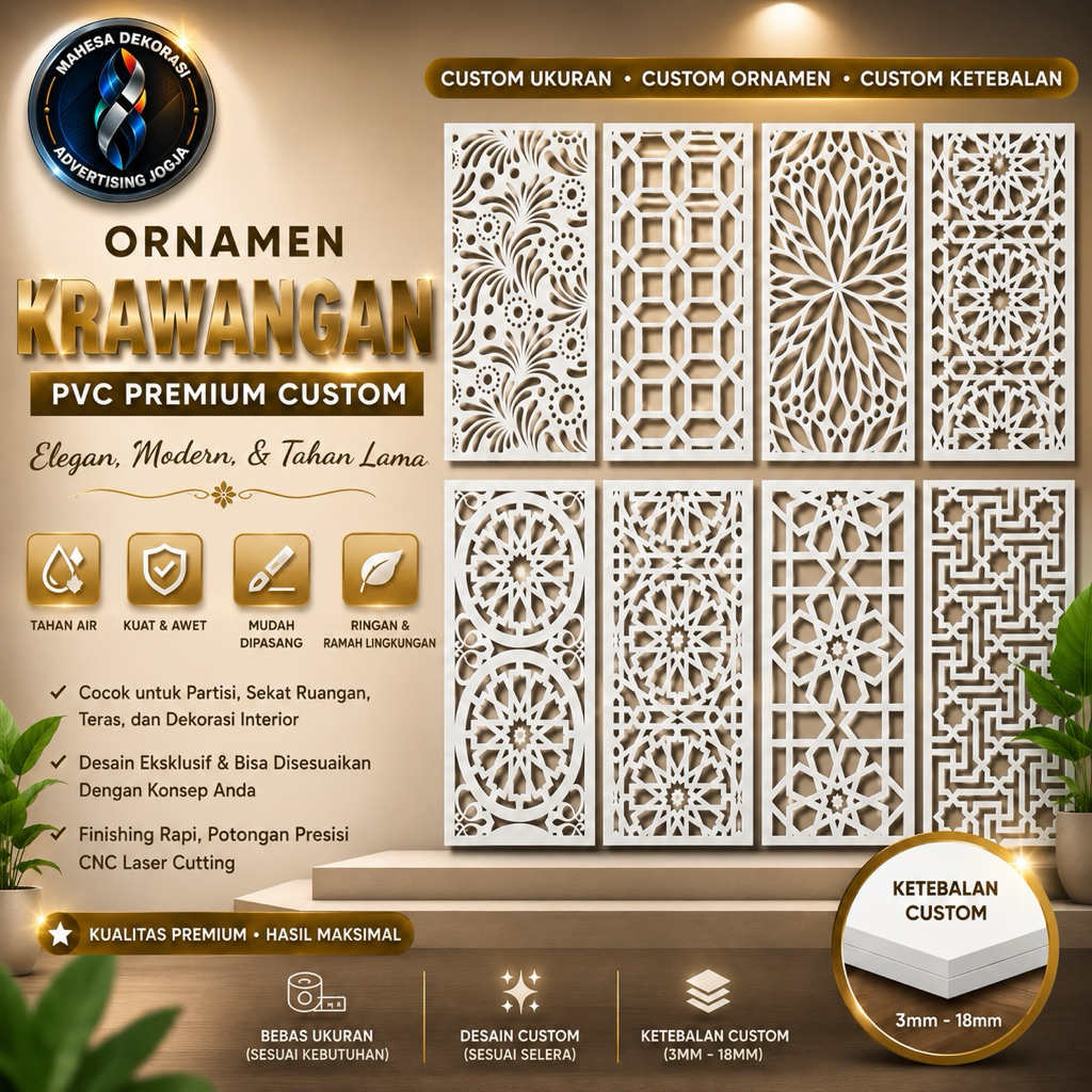 Ornamen Krawangan PVC Premium Custom custom – Partisi Ruangan, Sekat Ruang Tamu, Dekorasi Dinding Ma