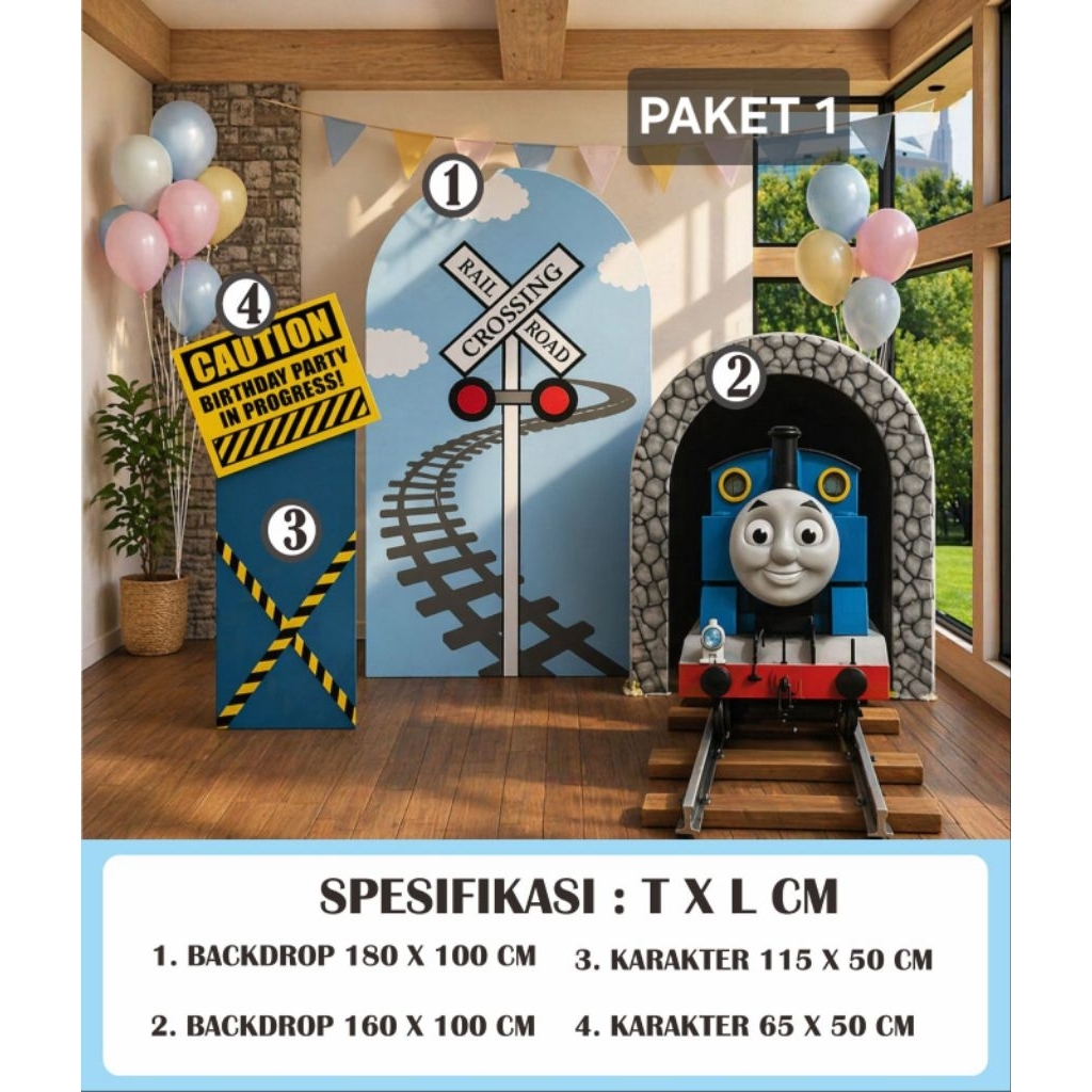 PAKET DEKORASI ULANG TAHUN TEMA THOMAS &. FRIENDS / STANDING KARAKTER THOMAS.* / BACKDROP ULANG TAHU