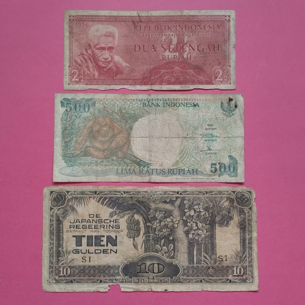 Uang Kuno Kertas Rp 2,5, Rp 500 Dan 10 Gulden UK BBG 003