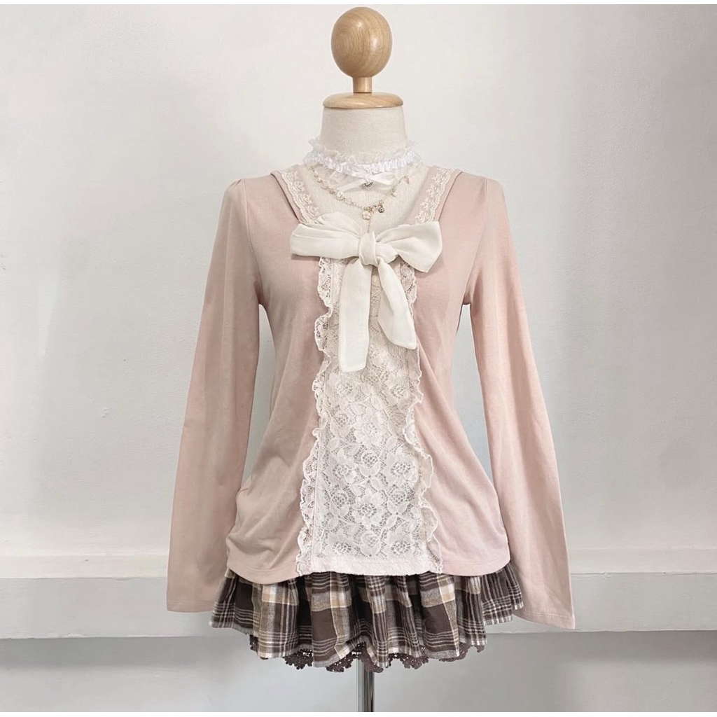 Axes Femme Pink Big Bow Ribbon Coquette Top Kawaii Atasan Lucu Dollette Blouse Blus