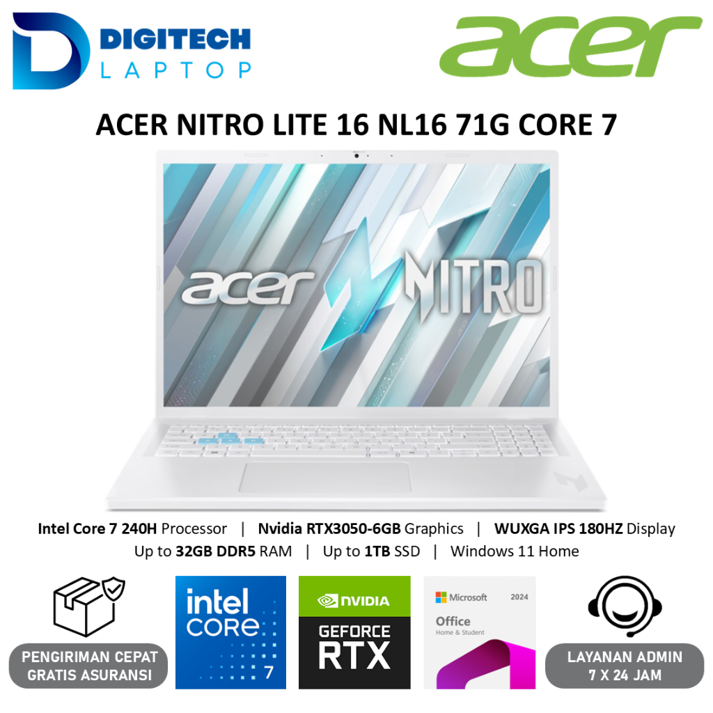 Acer Nitro Lite 16 NL16 71G Intel Core 7 240H 32GB 1TB SSD RTX3050 6GB WUXGA IPS 180Hz 100%sRGB W11