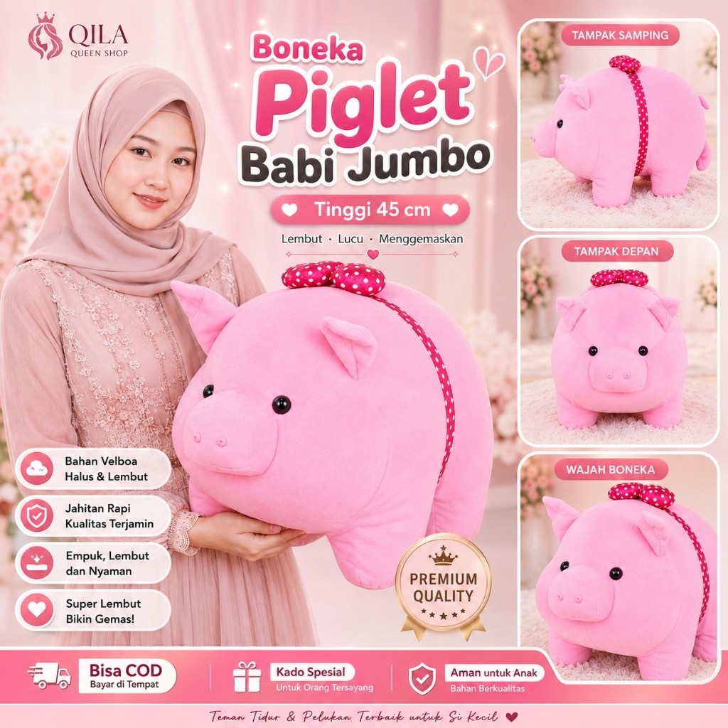Boneka Piglet Babi Jumbo Tinggi 45cm Bahan Kain Velboa Halus Lembut / Boneka Karakter Piglet Pink Lu