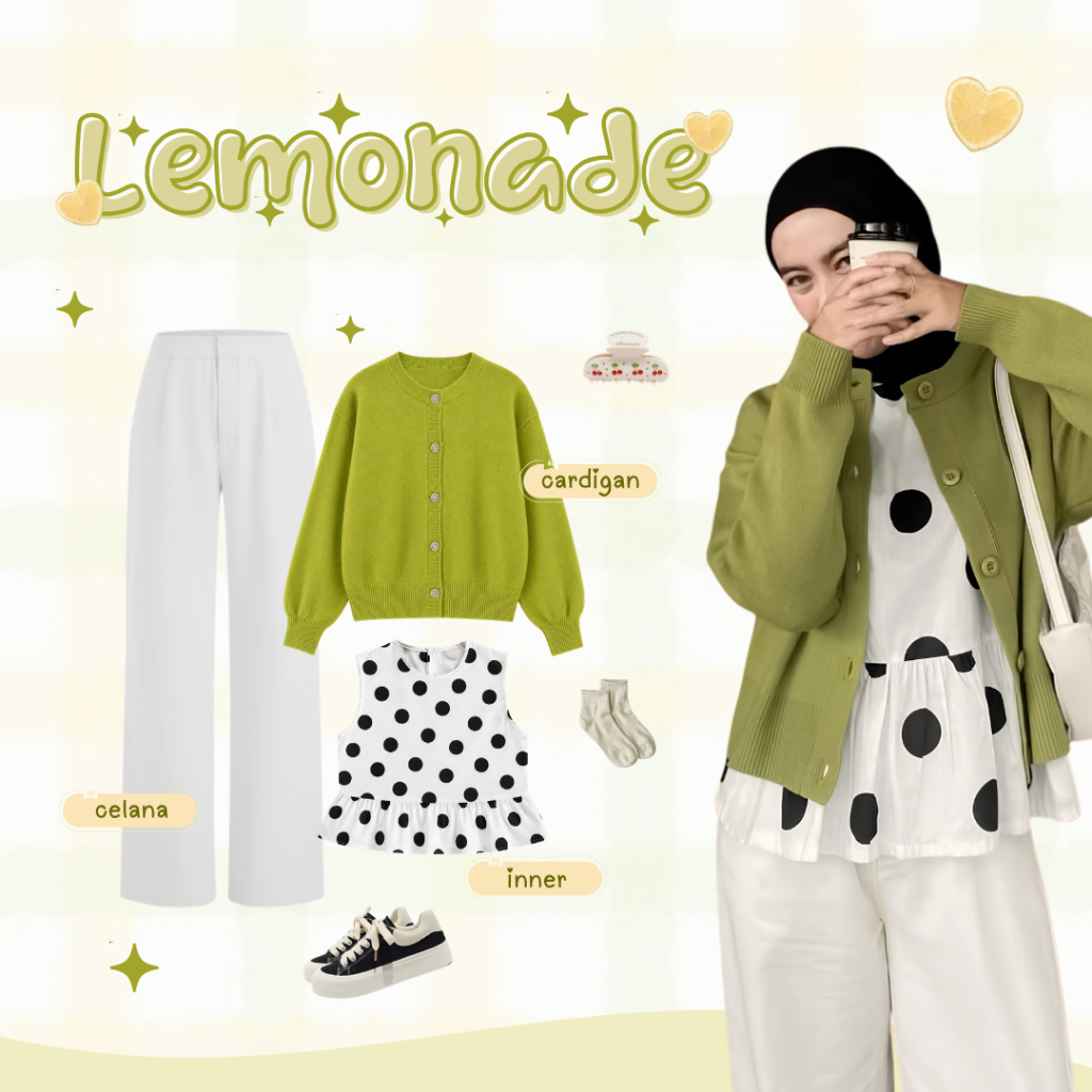 Oneset Wanita 3 in 1 (Cardigan Avocado, Inner Polkadot, Rok Putih, Rok Mahogany, Celana Putih) Outfi
