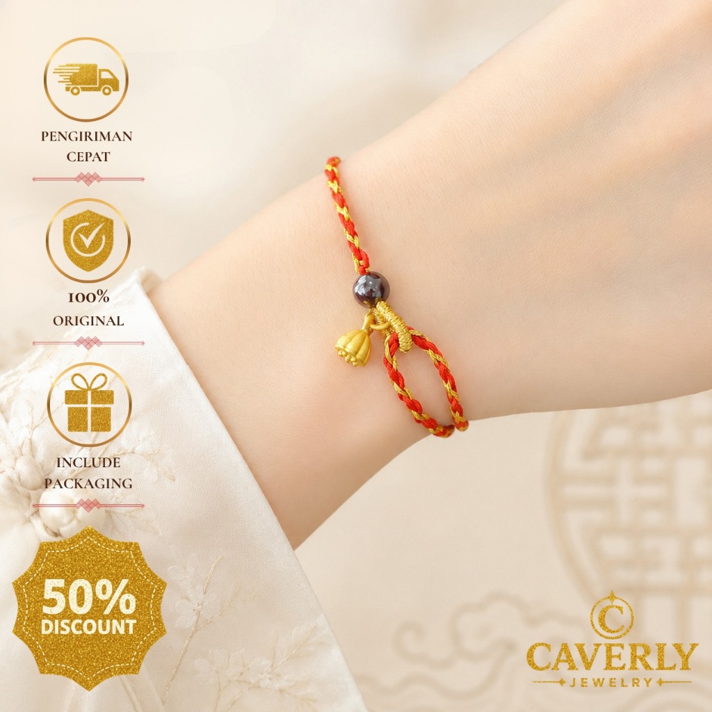 [BISA COD] Caverly Jewelry ETERNAL GOLDEN BRACELET | Gelang Tali Merah Bergaya Oriental Dengan Perpa