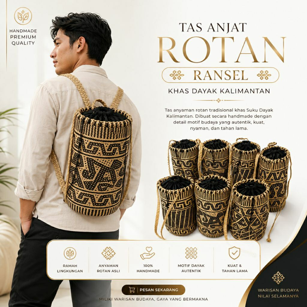 Tas  Rotan Anjat Ransel  penutup kain  original khas Dayak