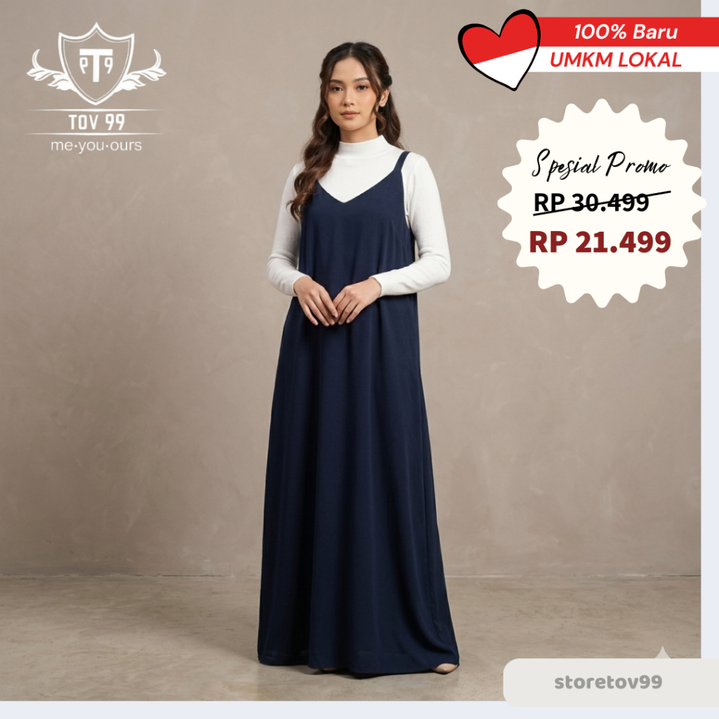 Overall Dress Navy Blue Moscrepe - Inner Gamis Panjang Polos Basic Simple & Elegan