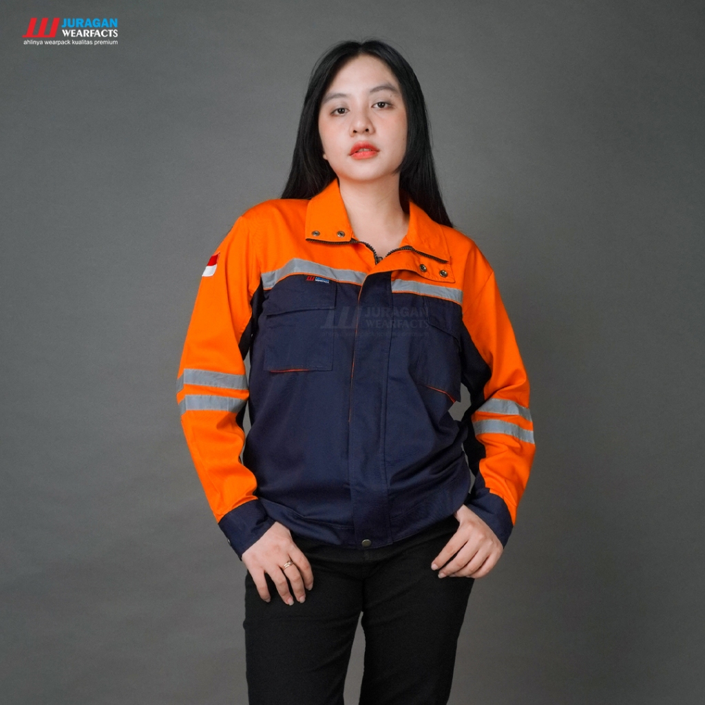 Juragan Wearfacts - Wearpack Semi Jaket Warna Orange Kombinasi Biru Navy
