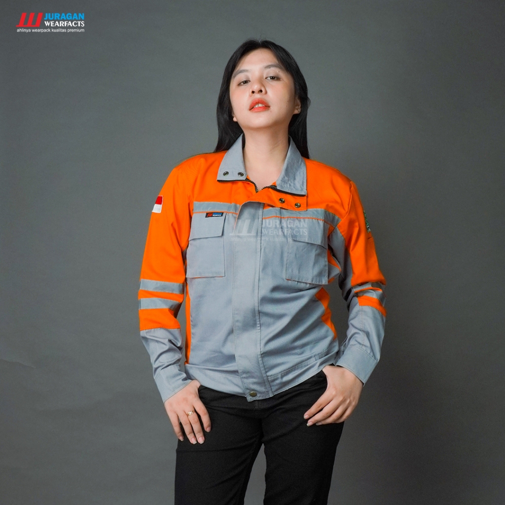 Wearpack Kerja Semi Jaket Orange Kombinasi Abu untuk Pria