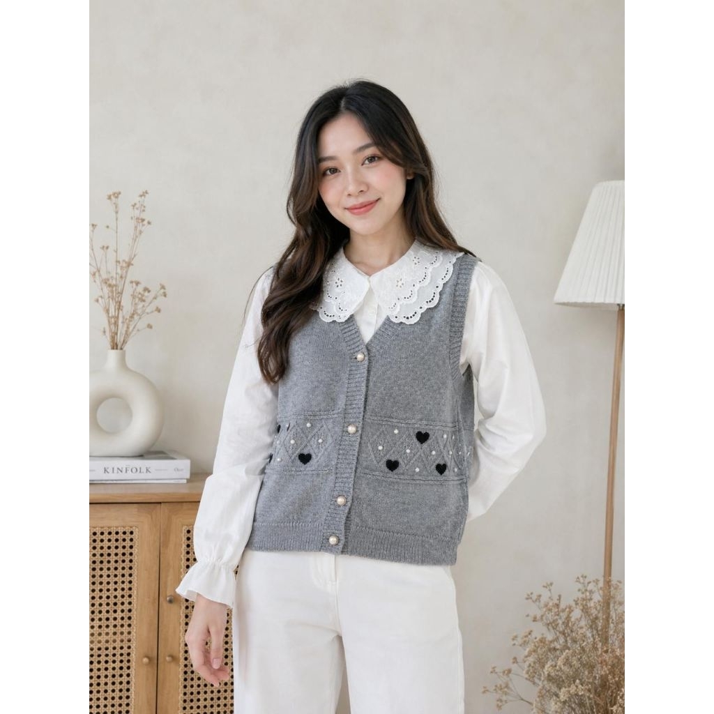 Firgooo - Kalia One Set Veat Rajut  Import - Atasan Kemeja Kerah bordir dengan Outer Rajut