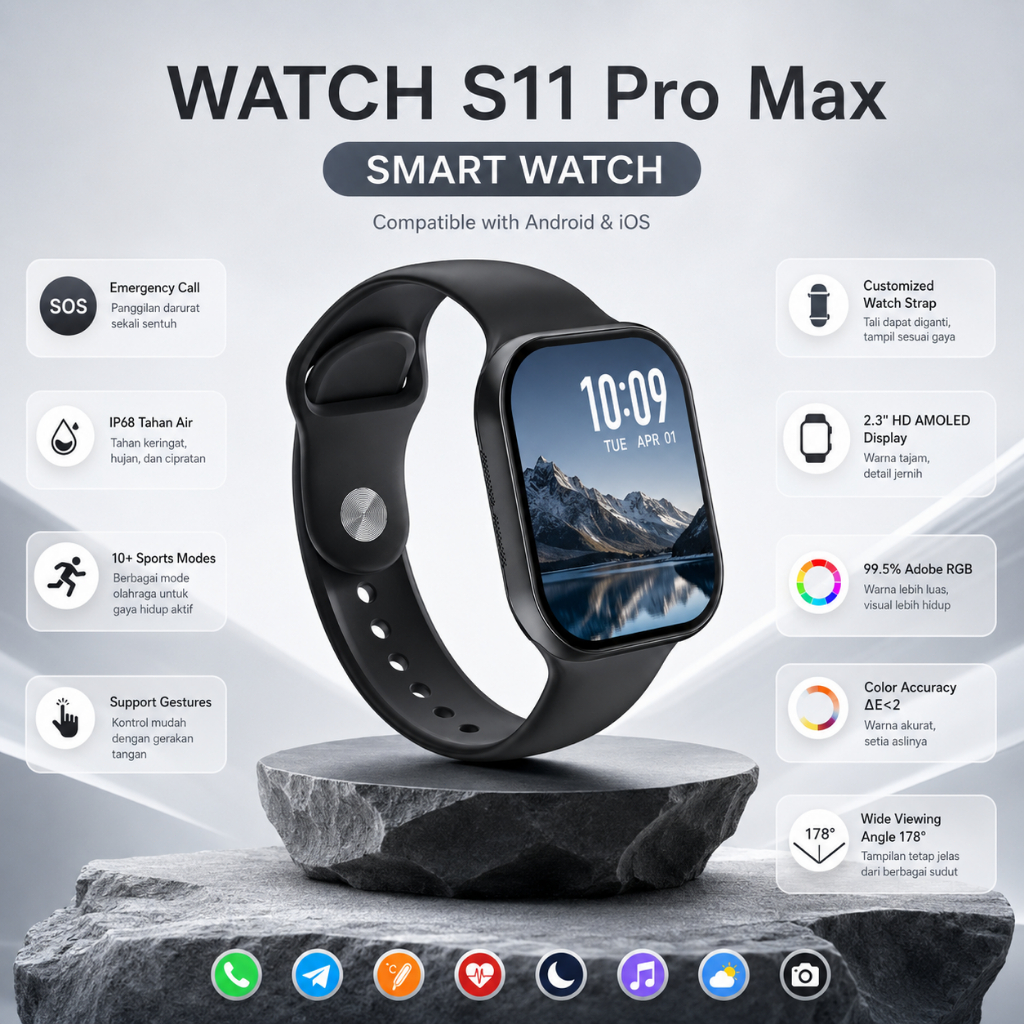 SmartWatch 11 pro max Wanita dan Pria tahan air Jam Pintar bluetooth olahraga SmartWatch Gps peta NF