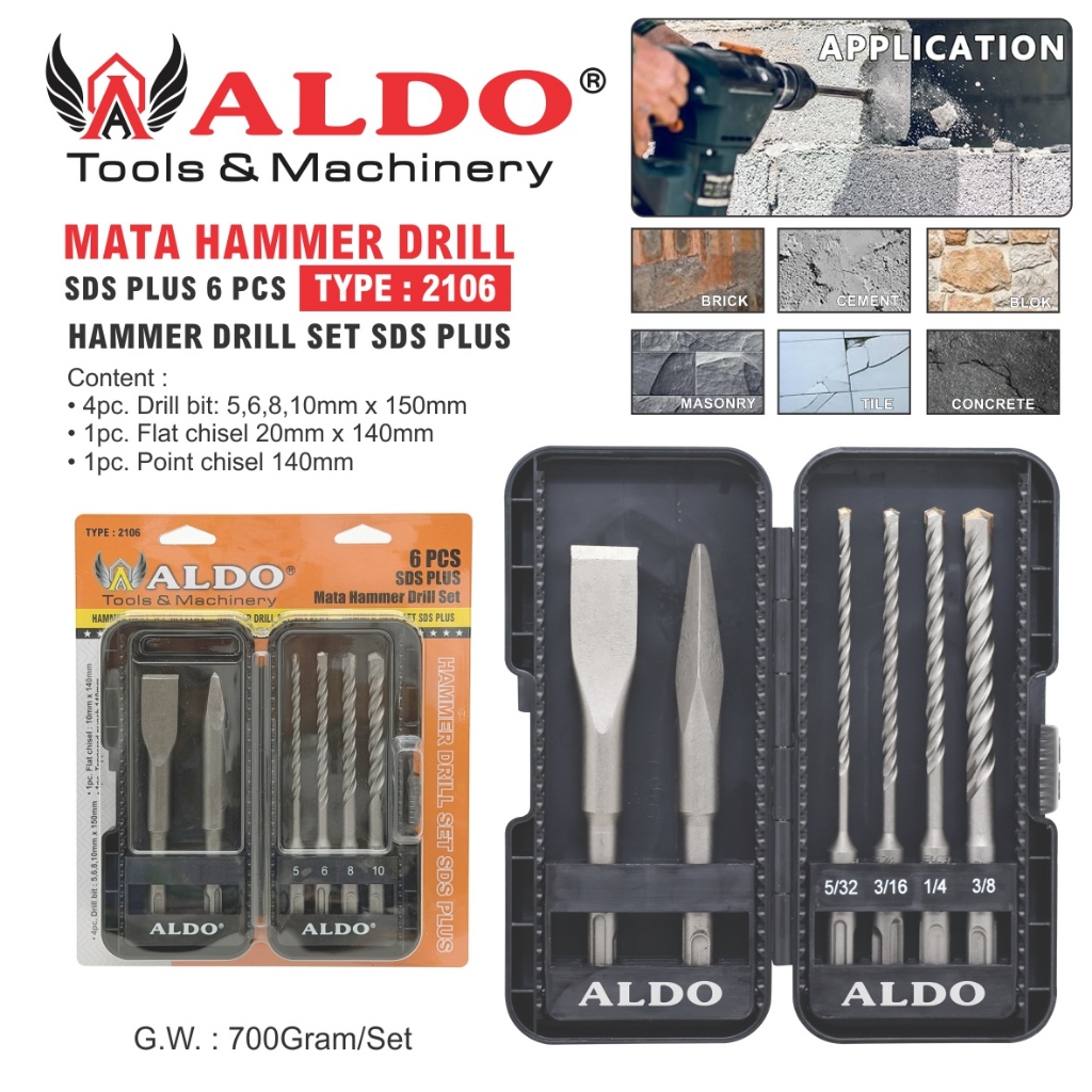 MATA HAMMER DRILL SDS PLUS 6 PCS 2106 / MATA HAMMER DRILL  / HAMMER DRILL SDS LUS SET MERK ALDO