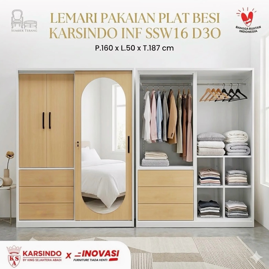 Karsindo Lemari Pakaian Plat Besi Sliding Swing Kaca Oval Lemari Pakaian Jumbo Plat Besi Full Gantun