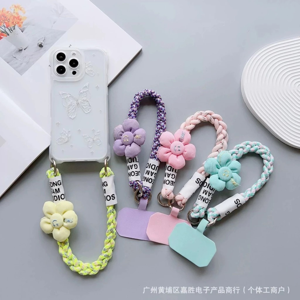 Gantungan Hp Kepang Cross-Casing Motif Flower Aesthetic Korea strap compatible for Iphone Android SM