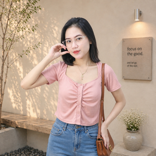 Crop Top Kancing Wanita Rib Knit Premium | Atasan Wanita Lengan Pendek Stretch