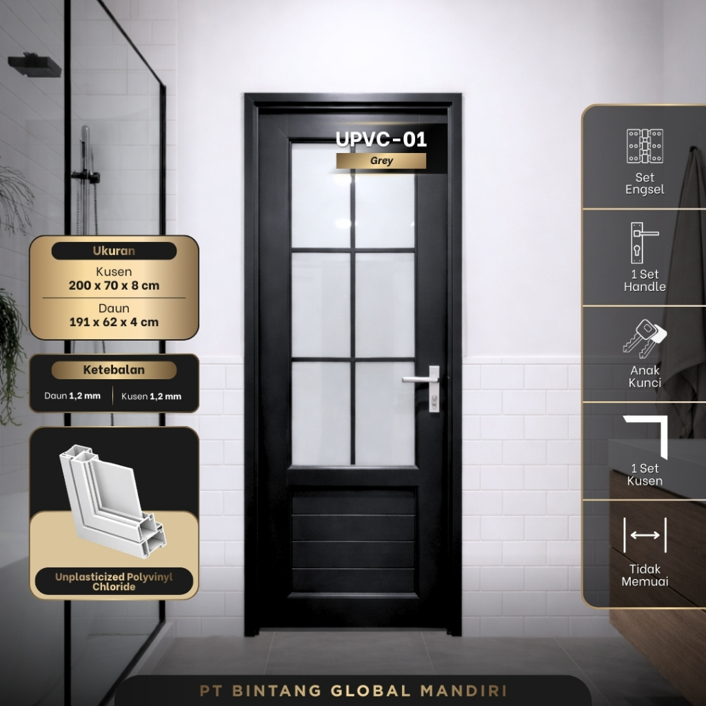 INOVASI KONTRUKSI - (PINTU PVC TOILET) Set Pintu Kamar Mandi PVC 200x70 Full Kaca Anti Pecah Modern 