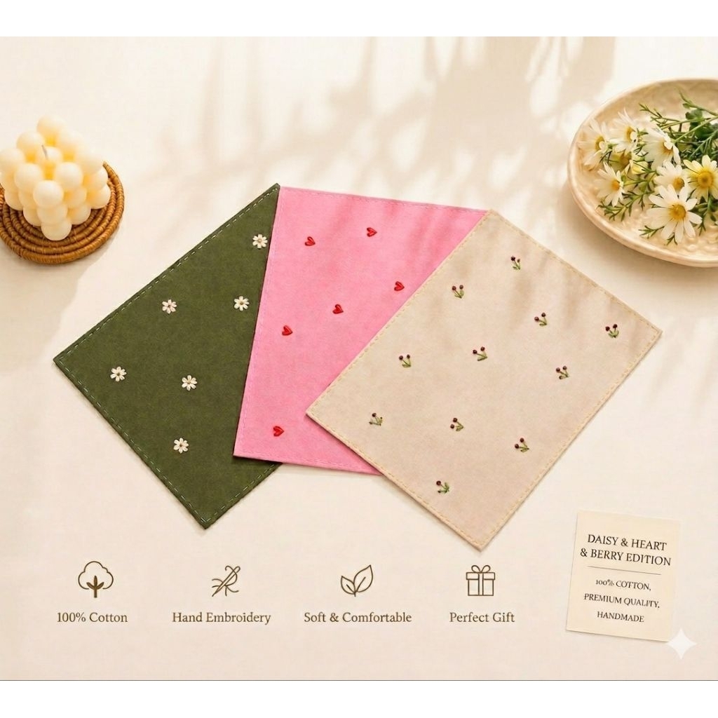 Sapu tangan sulam katun Naraya Handmade Sulam Tangan Uk 27 X 24 [Daisy, Heart & Cherry Edition]