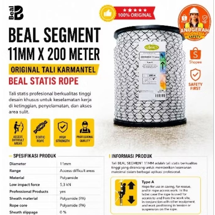 TALI KARMANTEL BEAL SEGMENT 11MM X 200 METER ORIGINAL / TALI KARMANTEL BEAL STATIS ROPE