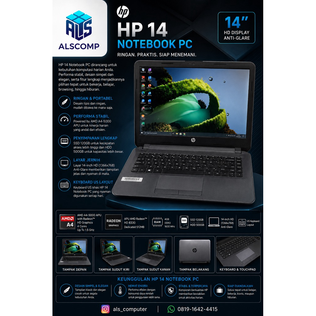 HP 14 Notebook PC AMD A4-5000 APU With Radeon HD Graphics /4GB /SSD 128GB + HDD 500GB /Led 14inch HD