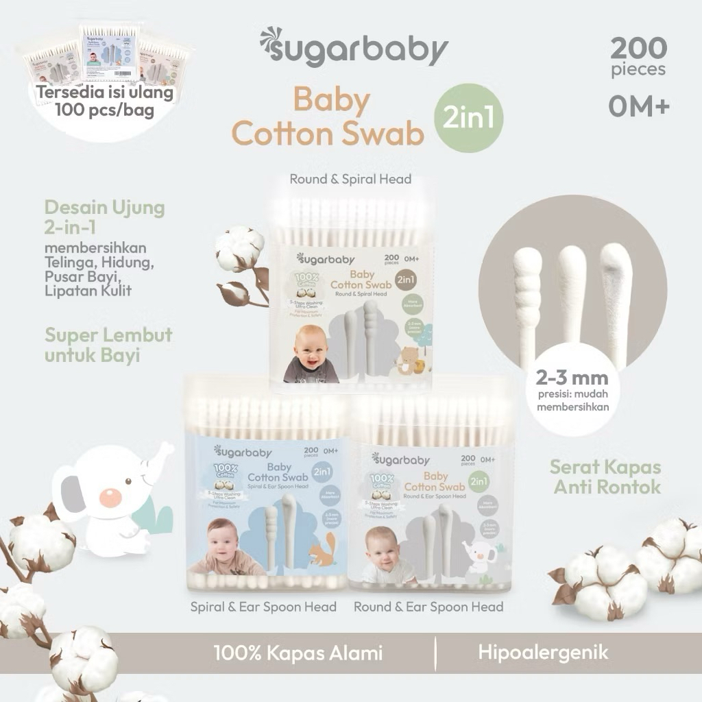 COTTON BUD AMAN UNTUK ANAK/BAYI SUGAR BABY COTTON SWAB 2in1 Round & Ear Spoon Spiral & Ear Spoon 200