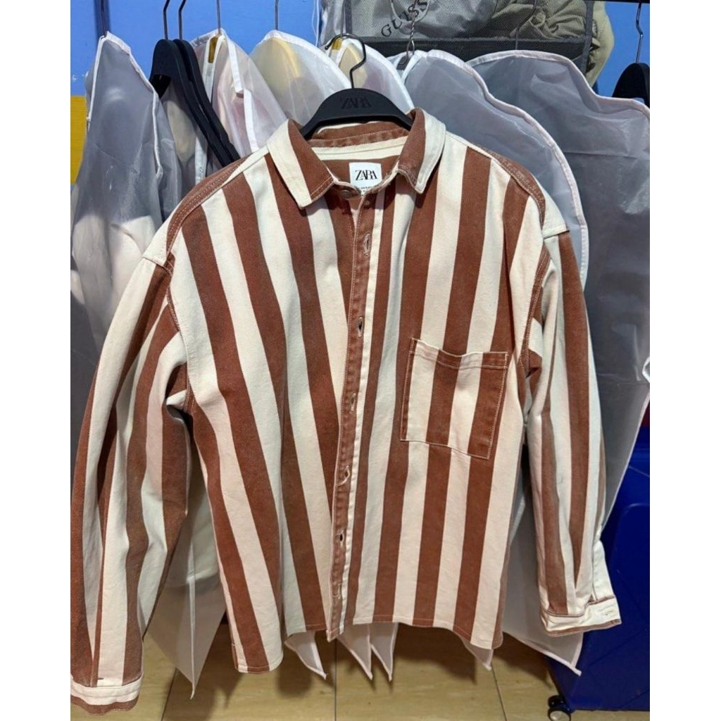ZARA OVERSHIRT COAT CHORE DENIM JACKET STRIPE CHOCO