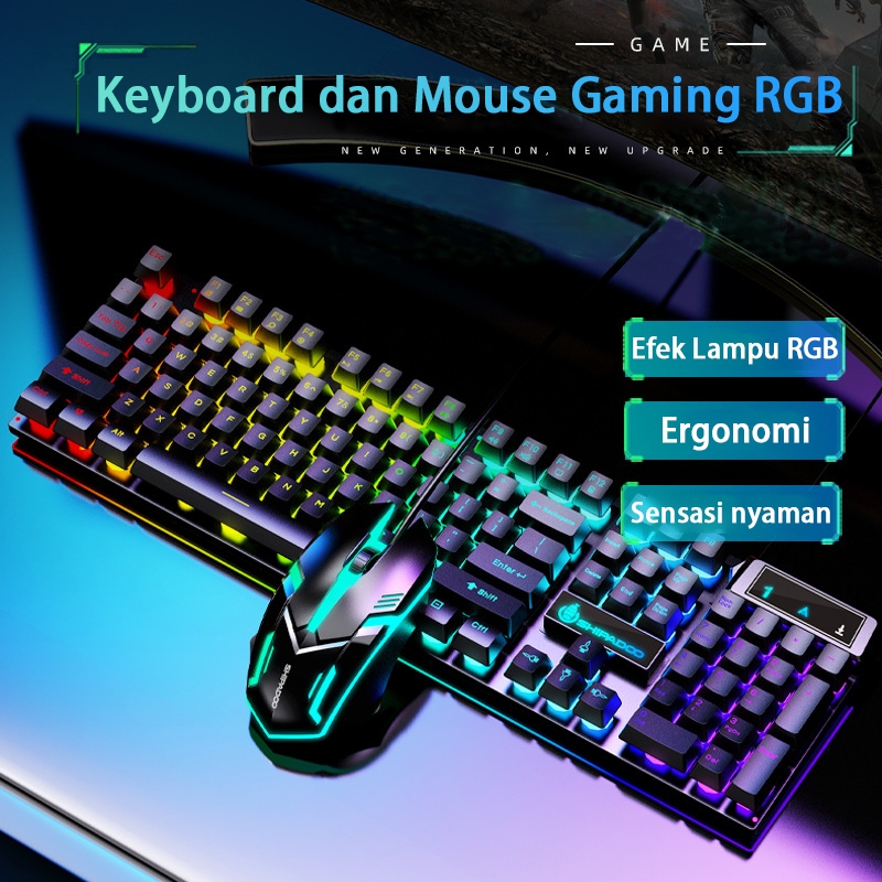 Combo Keyboard & Mouse Gaming RGB, Keyboard Mekanikal 104 Keys Backlight LED, Set Gaming untuk PC, L