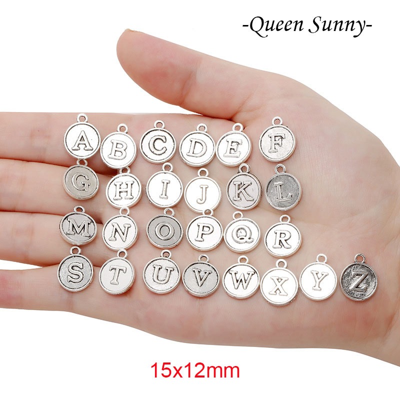 (PILIH HURUF) Warna Silver - 1pc CHARM SERI HURUF ALFABET ALPHABETH BULAT - Liontin Pendant Bandul M