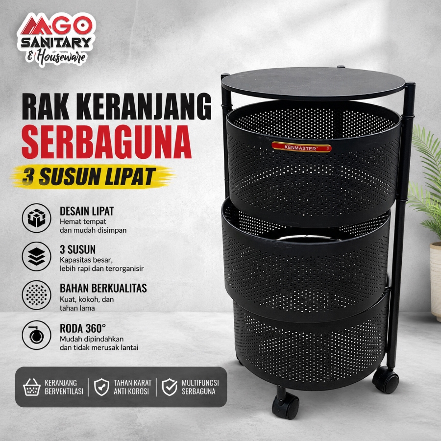 KENMASTER RAK 3 SUSUN BULAT LIPAT/RAK BESI MULTIFUNGSI/RAK SALON