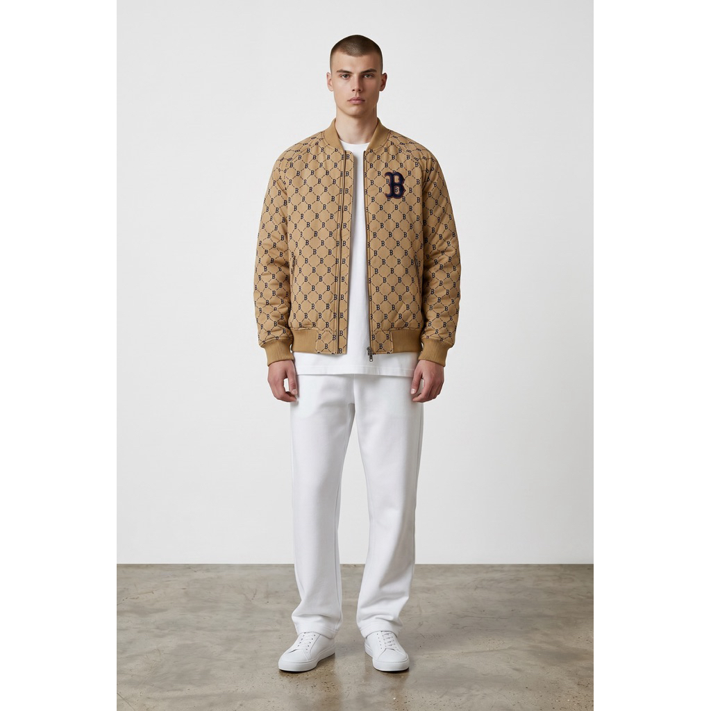 Jaket Bomber MLB Monogram Beige Unisex Premium Korea Style Streetwear Pria Wanita