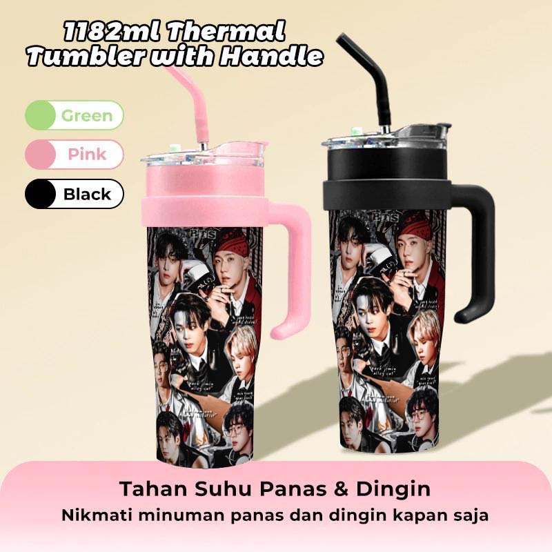 Tumbler Portable BTS Cup Vacum Stainless Steel 304 1182ML Tahan Panas Dingin Anti Bocor Pink Hijau H