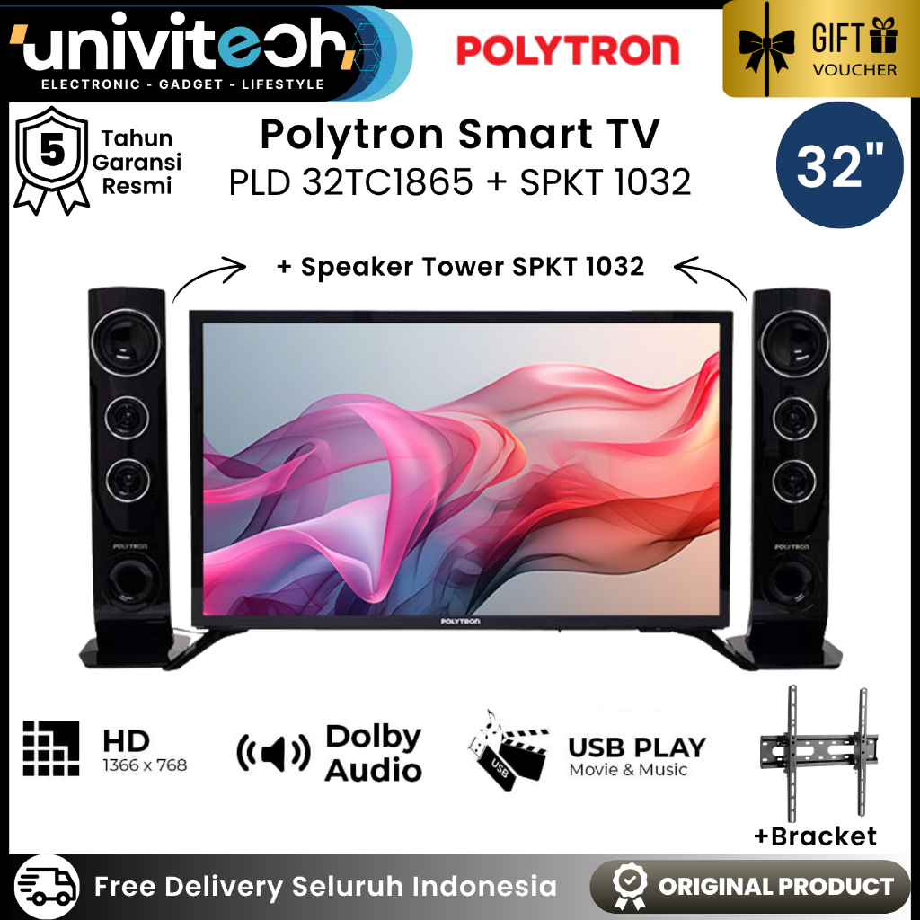 TV LED Polytron Smart TV 32"+Speaker Tower Wifi Youtube Browser Dolby Audio Digital TV, PLD 32TC1865