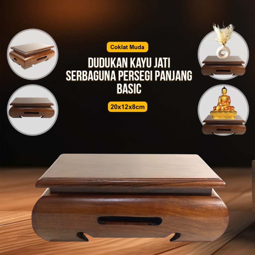 Tempat Alas Tatakan Dudukan Kayu Jati Serbaguna Persegi Panjang 20x12x8 cm Coklat Muda Model Basic