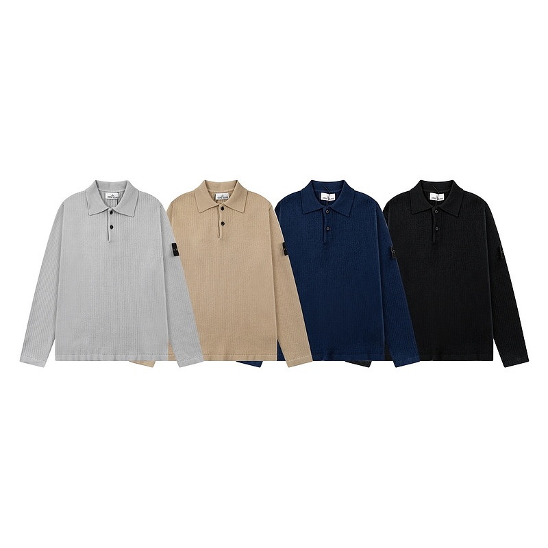 ori~STONE Klasik Model Polo Warna Polos Sweater Lengan Panjang Rajutan Sederhana
