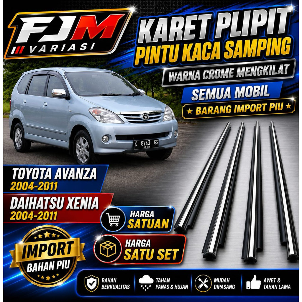 KARET PELIPIT PLIPIT WATER STRIP PINTU KACA SAMPING WARNA CHROME CROME MENGKIT DAN HITAM SEMUA MOBIL
