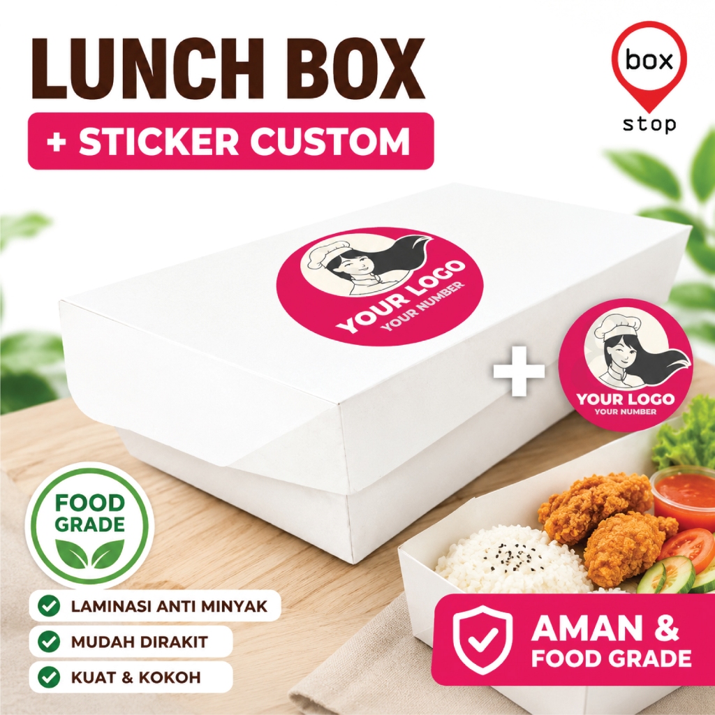 Paket Combo LUNCH BOX PAPER + Stiker Logo Custom (50 Set)
