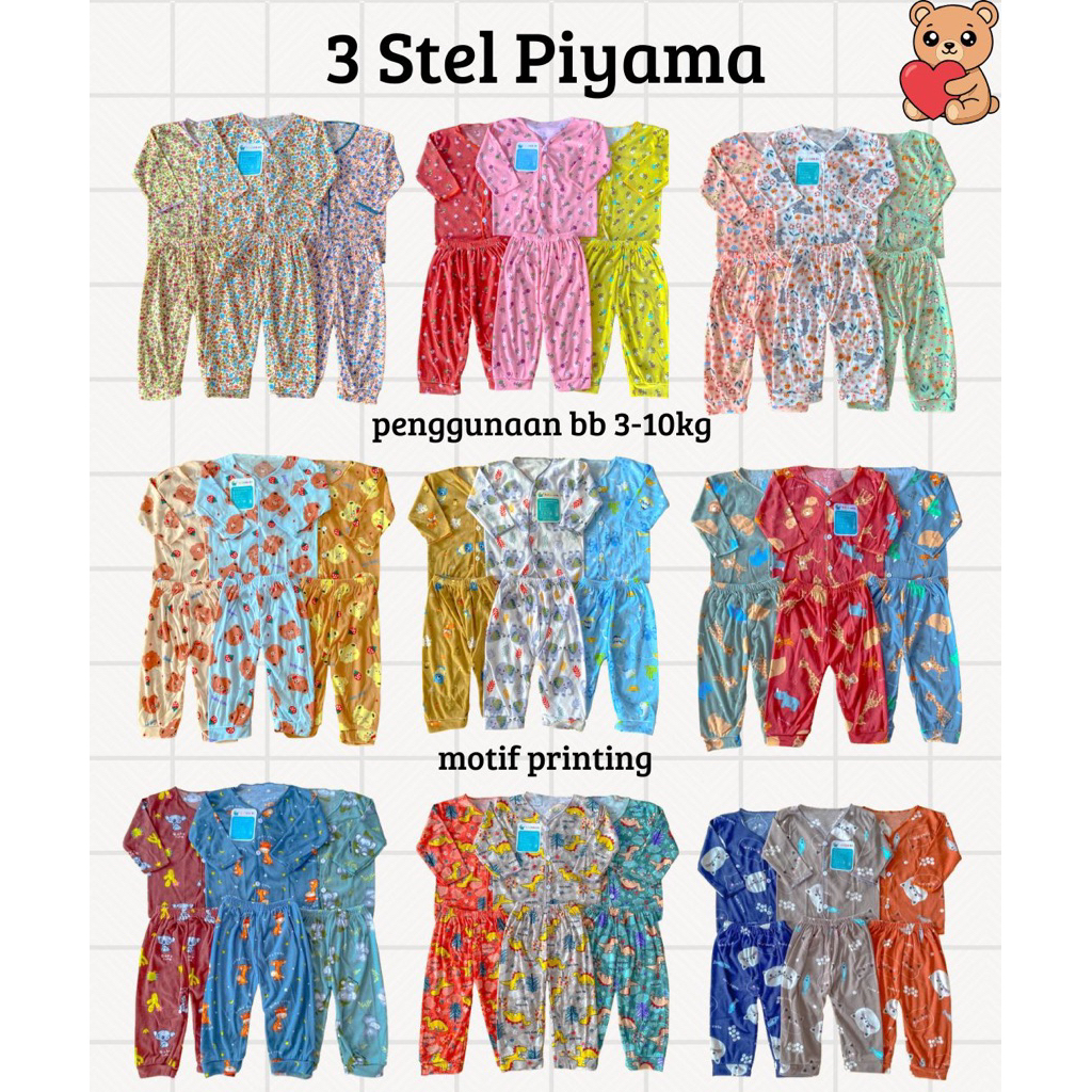 NAKITA Paket 3 Stelan Baju Bayi Printing SNI Baru Lahir M-L Lengan Panjang Piyama Kancing Depan Akti