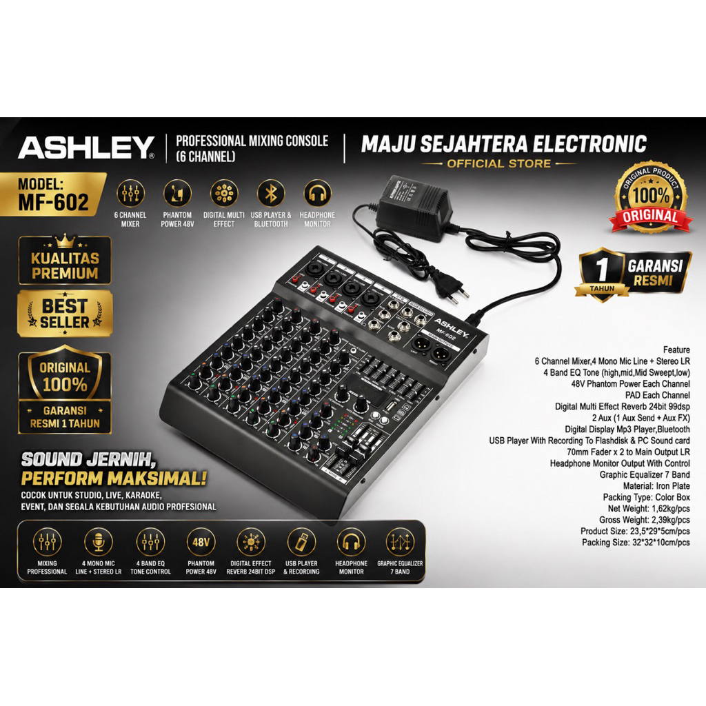 MIXER 6 CHANNEL ASHLEY MF602 MF-602 MF 602 ORIGINAL GARANSI 1 TAHUN