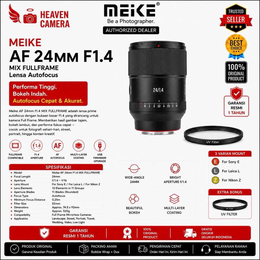 Meike AF 24mm f1.4 MIX STM for Sony FE / Nikon Z / Leica L Mount FullFrame Lens Meike AF 24 mm f/1.4