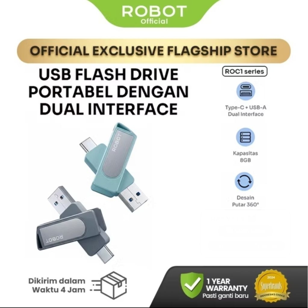 Flashdisk OTG ROBOT ROC Series 8GB 16GB 32GB 64GB USB Type C Dual Drive OTG HP Laptop Original ROC10